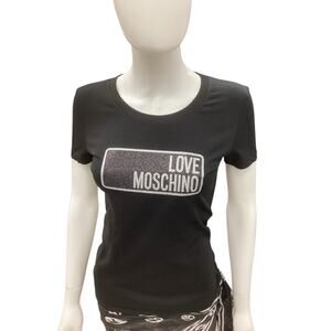 NWOT Love Moschino T-Shirt Women’s Size S Cotton Glitter Logo Black And Silver